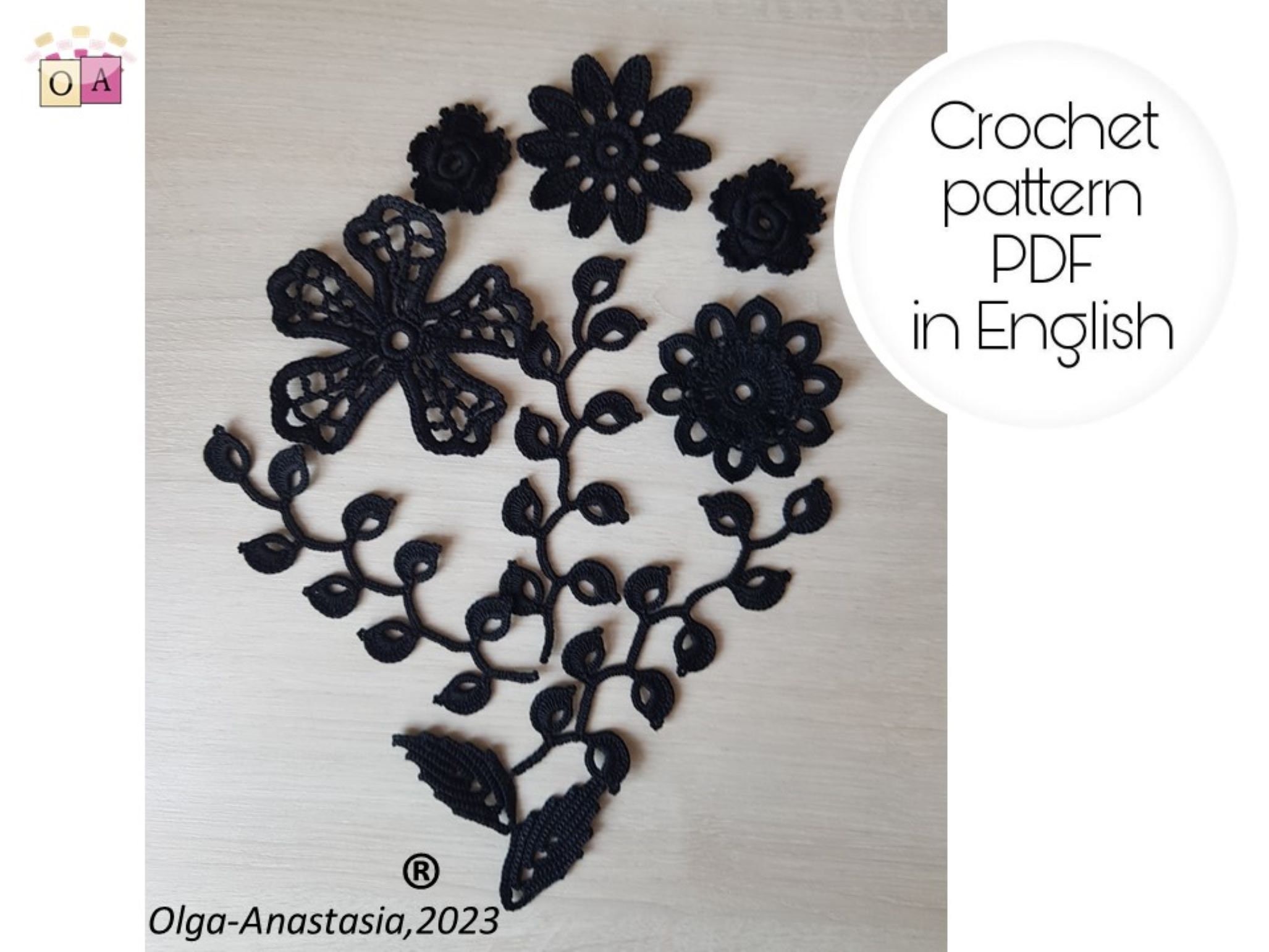 Black Lace Crochet Flower Motifs – Irish Clones Lace (PDF Pattern