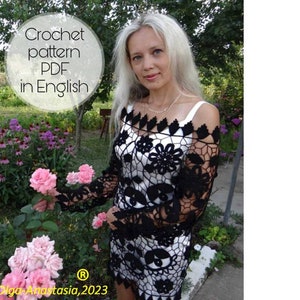 Tunic crochet pattern- Irish lace crochet pattern - short black dress crochet pattern- Dress Laure Biagiotti design replica Irish crochet