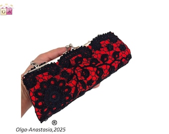 Red & Black Irish Lace Evening Bag: Elegant Victorian Clutch