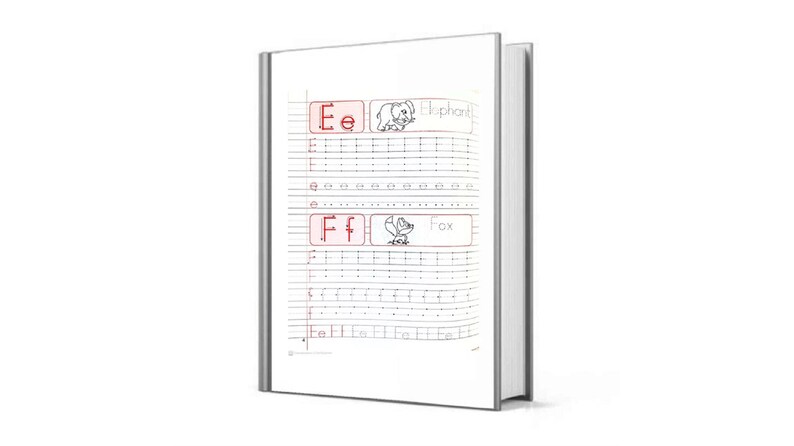 May include: A black and white notebook with red lines and a red border. The notebook has practice pages for writing the letters E and F. The pages include a picture of an elephant and a fox.