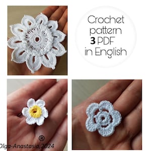 Set of 3 crochet flowers pattern - Daisy motif pattern crochet- vintage crochet - pattern crochet flower tutorial - sunflower motif pattern