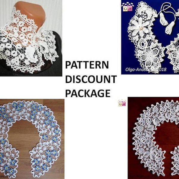 Crochet Pattern Discount Package-Irish lace collar - crochet pattern collar - white collar-Family heirloom -motif 3D crochet -Detachable