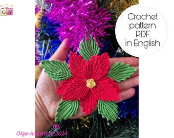 Crochet Poinsettia Pattern - Christmas Crochet Pattern - Crochet detailed tutorial -Christmas Home Decor- Christmas Gift Pattern