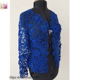 Irish Lace Crochet cardigan -Royal blue Crochet Flower Cardigan for Women Long Sleeve- wedding cover up lace cardigan for mother of Bride