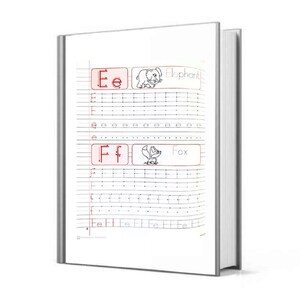 May include: A black and white notebook with red lines and a red border. The notebook has practice lines for writing the letters E and F. The letters are in red boxes with a picture of an elephant and a fox next to them. The words "Elephant" and "Fox" are written next to the pictures.