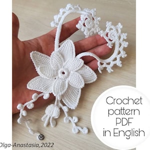 Floral composition with scrolls crochet pattern -Full description 3D flower with core and tassels crochet instruction -Irish crochet lace