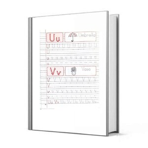 May include: A workbook with practice pages for learning to write the letters U and V. The pages feature the letters U and V with dotted lines for tracing, as well as illustrations of an umbrella and a vase.