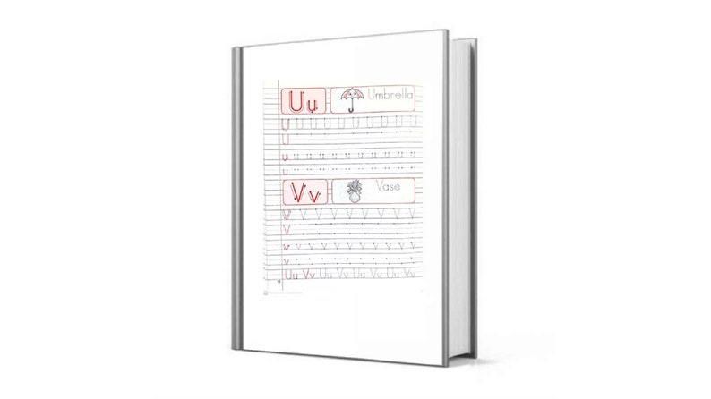 May include: A workbook with practice pages for learning to write the letters U and V. The pages feature the letters U and V with dotted lines for tracing, as well as illustrations of an umbrella and a vase.