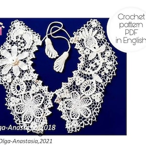May include: White crochet collar with a floral design. The collar is made of delicate lace and has a scalloped edge. The collar is on a blue background. Crochet pattern PDF in English.