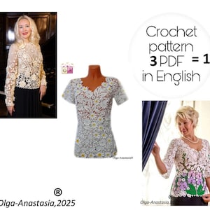 Könnte beinhalten: Das Bild zeigt drei Beispiele für Häkelkleidung. Ein cremefarbenes Spitzentop mit langen Ärmeln, ein weißes Top mit Gänseblümchenmustern und ein kurzärmeliges Top mit floralen Mustern. Der Text lautet "Crochet pattern 3 PDF in English".