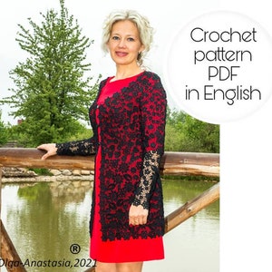 May include: A woman wearing a black crochet cardigan over a red dress. The cardigan has a floral pattern. The text "Crochet pattern PDF in English" is visible in the image.