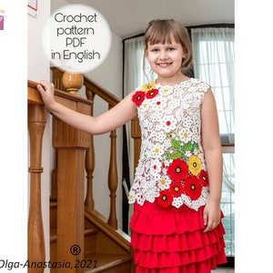 Crochet top pattern-Irish lace-for girl summer beach dress flower -crochet dress pattern -vintage crochet pattern- summer tunic poppy flower