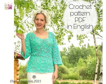 May include: A woman wearing a crocheted green top with a square neckline. The top has a floral pattern. The text "Crochet pattern PDF in English" is visible in the image.