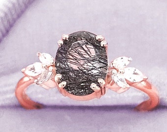 Oval cut Black Rutilated Quartz Engagement Ring, 14K Rose Gold Black Rutile Quartz Bridal Wedding Rings for women Tourmalinated quartz Ring