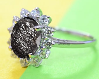 14K Black Rutilated Quartz Engagement Ring, 14K Rose Gold Black Rutile Quartz Bridal Wedding Rings, Christmas Gift For Mother Wife Love