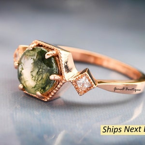 Vintage Moss Agate Engagement Ring, Traditional Moss Agate Bridal Wedding Rings for Women, Traditional unique Gifts For Mother Minimalist