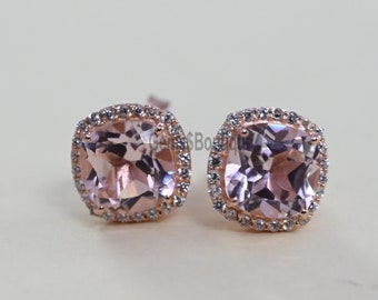 Cushion cut Gorgios Morganite Stud Earring, Morganite Stud Earrings Jewelry, Vintage Dainty Gemstone Earrings Anniversary Gifts for Mother