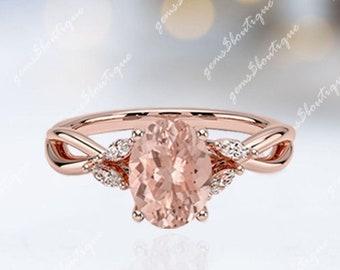 Morganite Ring 14K Rose Gold Morganite Engagement Ring Morganite Bridal Wedding solitaire Ring for women Twisted Band Ring gifts for Mother