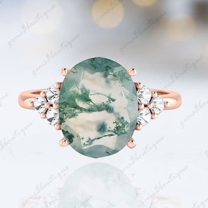 Vintage moss agate engagement ring, 14k Solid Gold Big Oval cut Agate Bridal Wedding Rings For Women, Minimal Anniversary gifts For Mother