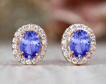 Vintage Tanzanite Stud Earrings, Oval cut Blue Tanzanite Bridal Wedding Earring, Unique Halo Gemstone Stud Anniversary Gift for Mother Love