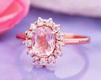 Oval Cut Natural Morganite Engagement Ring, 14K Solid Gold Unique Bridal Wedding Ring, Minimal Pink Gemstone Diamond Ring Gifts for Mother