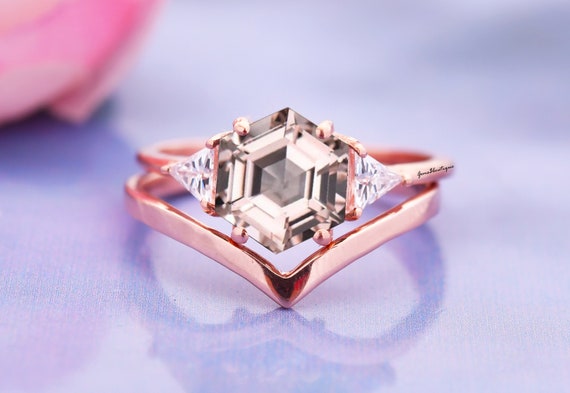 Hexagon Morganite Engagement Ring 14K Rose Gold Natural Morganite