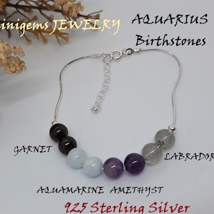 Aquarius Birthstone 925 Silver Bracelet,Aquarius Zodiac Gemstone,Amethyst,Garnet,Aquamarine,Labradorite,February Birthday Gift