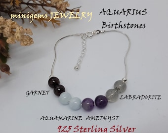 Aquarius Birthstone 925 Silver Bracelet,Aquarius Zodiac Gemstone,Amethyst,Garnet,Aquamarine,Labradorite,February Birthday Gift