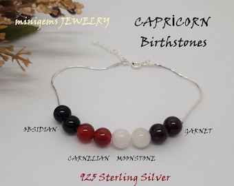 925 Silver Capricorn Birthstone Bracelet,Capricorn Zodiac Gemstone Jewelry,Garnet, Carnelian, Moonstone, Obsidian, January Birthday Gift