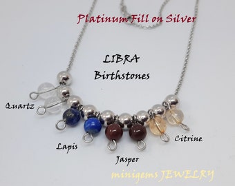 Libra Zodiac Gemstone 925 Silver,Birthstone Necklace Crystals Jewelry Jasper,Lapis,Citrin,Quartz,October Birthday Gift