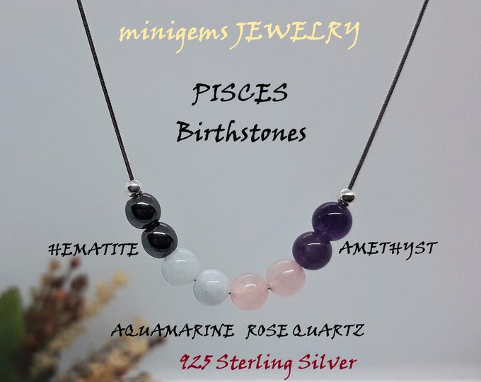 Pisces Birthstone 925 Silver Necklace,Pisces Zodiac Gemstone,Crystals Jewelry,Aquamarine,Amethyst,Rose Quartz,Hematite March Birthday Gift