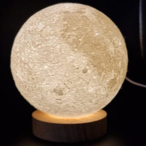 6” 3D Printed LED Moon Lamp on Wooden Base – Touch Control, Dimmable, Warm to Cool White – Lunar Night Light Gift
