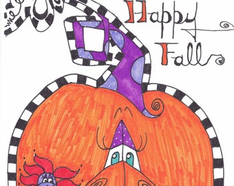 Happy Fall,  Falling into Fall, Blank Greeting Card, Pumpkin Greeting