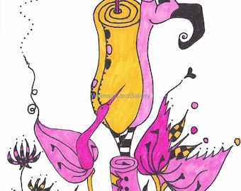 Happy Birthday, Flamingo Birthday Card, Cute Candle, Whimsical Birthday, Pink and Yellow
