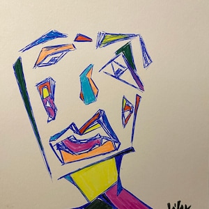 May include: Abstract drawing of a face with geometric shapes in blue, green, yellow, orange, red, and pink. The face is outlined in blue and has a large open mouth. The drawing is signed "LIX" in the bottom right corner.