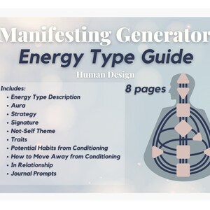May include: A blue and white graphic with the text "Manifesting Generator Energy Type Guide" and "Human Design". The graphic also includes a diagram of a human body with lines and shapes, and the text "8 pages".