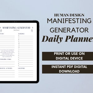 May include: A digital planner with the title "Human Design Manifesting Generator Daily Planner" in black text on a light blue background. The planner is designed to help users with their daily tasks, schedule, and gratitude.