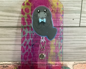 Glitter Manatee Badge Reel: Blue Bow Tie, Interchangeable Topper