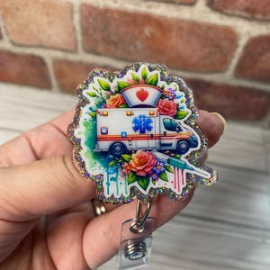 Ambulance Badge Reel: Glitter Nurse ID Holder, Interchangeable Topper