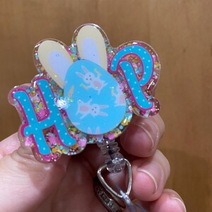 Bobine de badge avec oeuf et lapin de Pâques Hop - rose, jaune, bleu sarcelle, paillettes bleues, infirmière, médical, badge d'identification