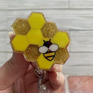 Honeycomb Bee Badge Reel: Gold Glitter Retractable ID Holder