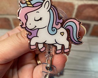 Pastel Unicorn Badge Reel: Glitter ID Holder for Nurse, Teacher