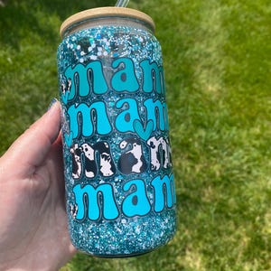 Teal Mama glass glitter snowglobe tumbler, cow print, mom, mother, coffee cups, gift for her