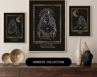 3 x CELESTIAL GODDESS ART, Minimalist Wall Art, Witchy Art Print, Divine Feminine, Sacred Symbol, Moon Stars, Goddess Art, Boho Altar Decor