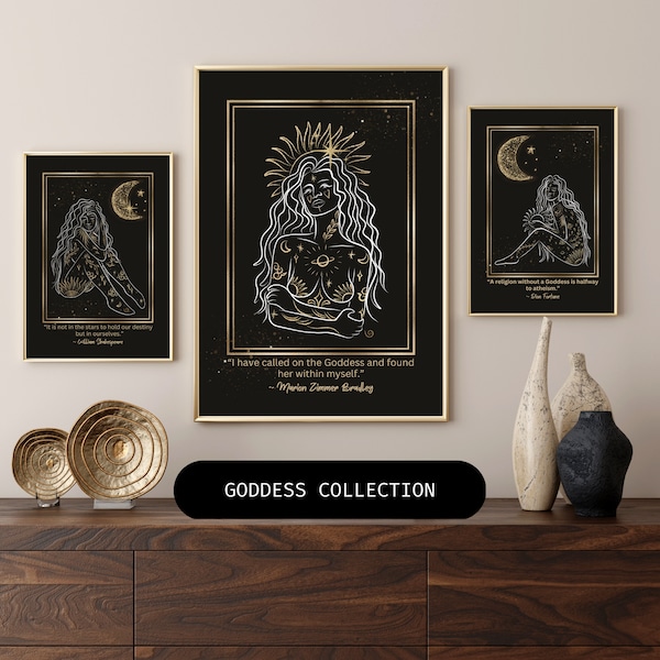 3 x CELESTIAL GODDESS ART, Minimalist Wall Art, Witchy Art Print, Divine Feminine, Sacred Symbol, Moon Stars, Goddess Art, Boho Altar Decor