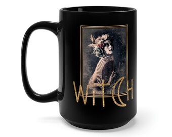 Large HIGH PRIESTESS MUG 15oz, Black Ceramic Mug, Spiritual Warrior, Wild Woman, Witches Mug, Gift For He, Grunge Design, Steampunk Mug