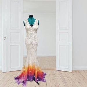 Hand painted wedding dress, sunset colors, Orange, Pink, Purple, New with tags