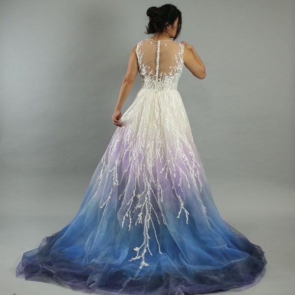 Winter wonderland wedding dress, blue, purple, silver ombre, dip dye, size 4, new with tags, Alfred Angelo