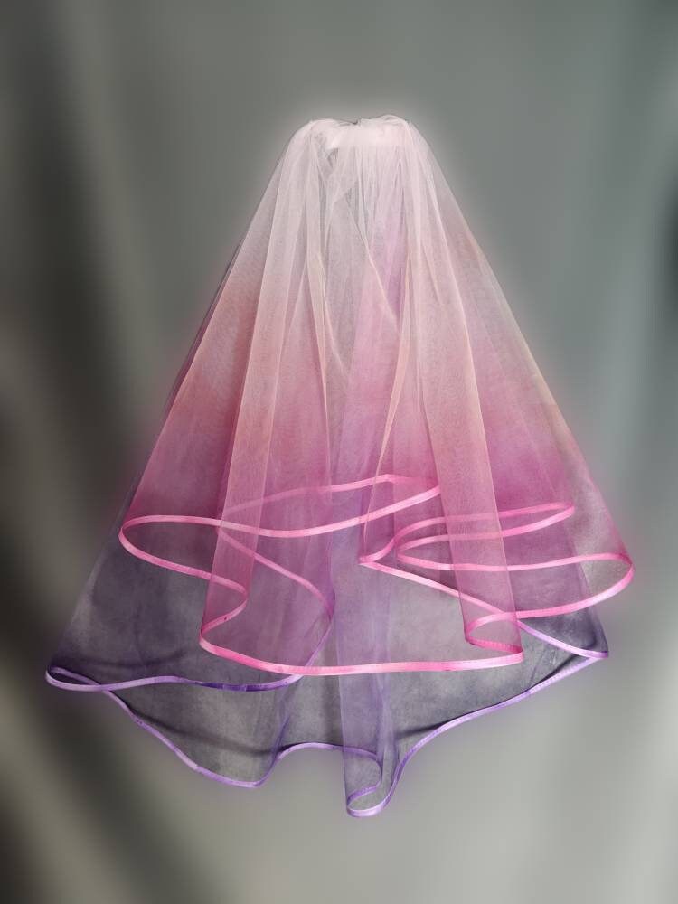 Rainbow Wedding Veil - Pink, Purple, 2 Tier Waist Length, Custom