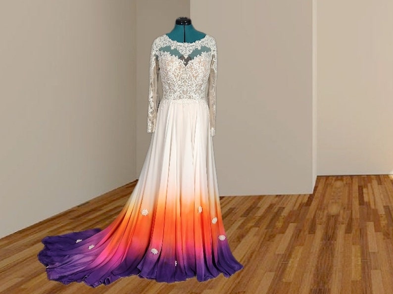 NEW Hand Painted Ombre Wedding Dress.sunset/rainbow Wedding Dress